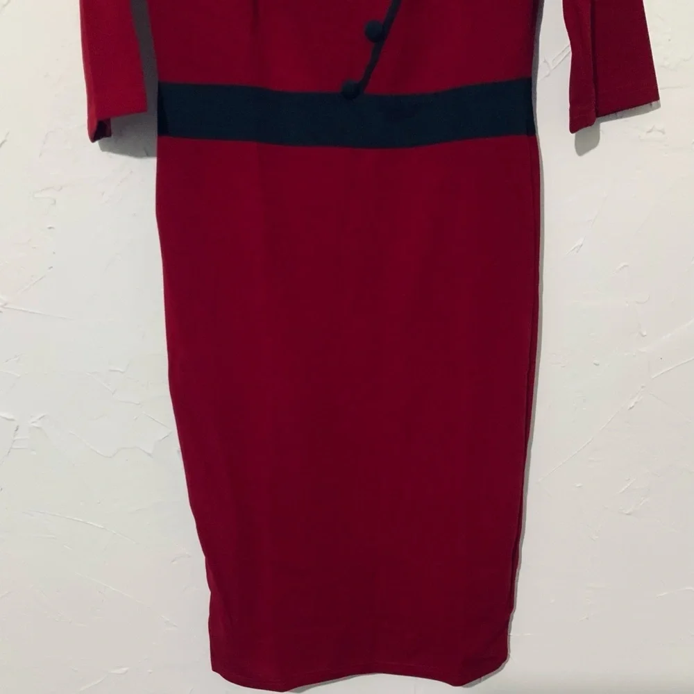Red Bodycon Pencil Dress | Black Trim | Knee Length | Retro Chic Sz Medium